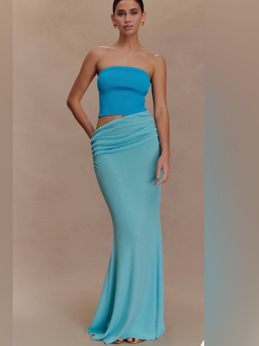 Meshki Two-Tone Turquoise Strapless Maxi Skirt and Bandeau Set